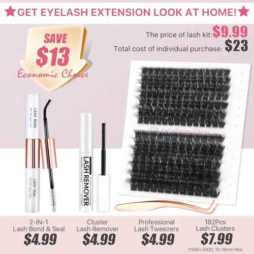 Fluffy Lash Extension Kit 182Pcs Thick Eyelash Extension Kit 10-18mm Volume Cluster Lashes Set with Bond and Seal Tweezers Cluster Remover (150D&200D Kit)
