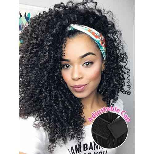 V SHOW Glueless Curly Headband Wig Human Hair 180% Density Thick Throw & Go Kinky Curly Headband Wigs for Women 18 Inch None Lace Front Wigs Wear and Go Glueless Human Hair Wigs