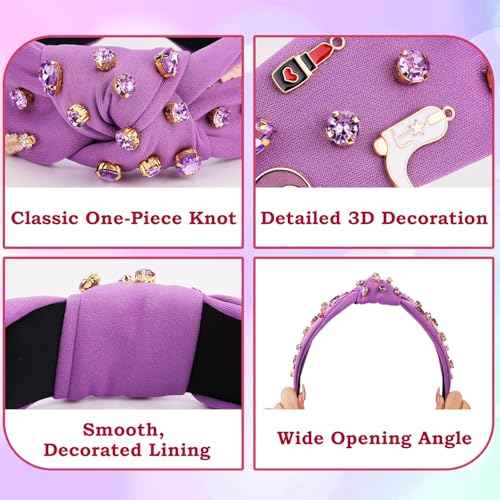 Music Headbands for Women, Singer Fans Gift Guitar Red Lip Rhinestone Wide Jeweled Knotted Headband, Crystal Beaded Jeweled Knot Embellished Headband Hair Accessories Concert Birthday Gift - Purple
