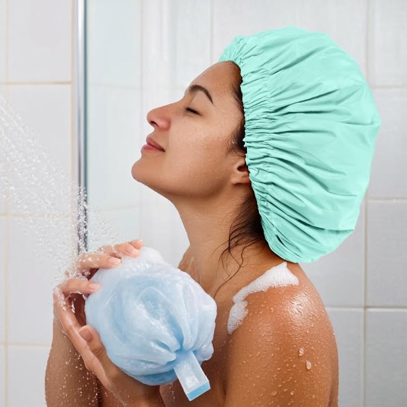 Reusable Shower Cap for Women - Large Waterproof Hair Bonnet | Elastic Band, Washable for Long Curly Hair - Mint Green