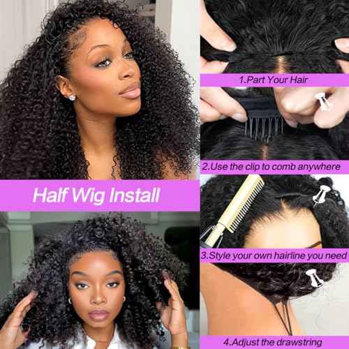 Half Wig Human Hair Kinky Curly 220% Density Glueless Wigs Human Hair 3 In 1 Seamless Flip Over Human Hair Curly Half Wigs for Women Drawstring Seamless (22 Inch)