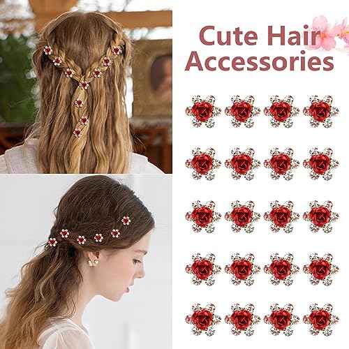 YISSION Red Rhinestone Hair Pins - 20Pcs Mini Rose Barrettes, Decorative Wedding Hair Accessories for Girls Women