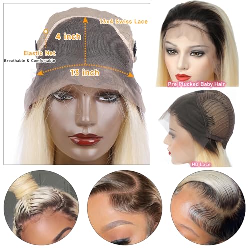 Benafee Ombre Blonde Human Hair Lace Front Wigs for Black Women 1B613 Colored 13x4 Lace Frontal Glueless Wigs Pre Plucked with Baby Hair 180% Density Brazilian Virgin Remy Hair Bleached Knots 16 Inch