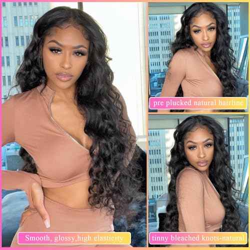 Body Wave Lace Front Wigs Human Hair 24 Inch 180% Density 13x4 HD Transparent Lace Frontal Wigs Human Hair Pre Plucked Glueless Lace Front wigs Free Part Natural Black