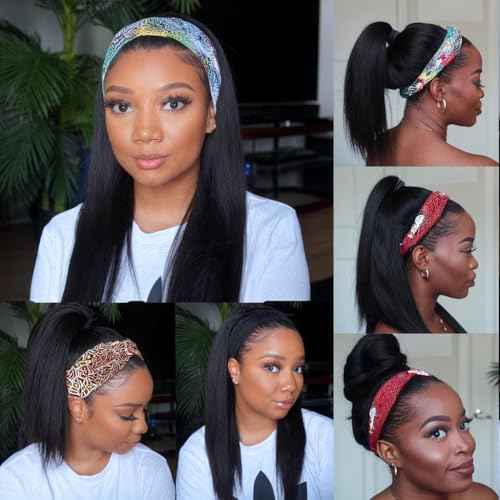 Straight Headband Wig Human Hair Brazilian Virgin Human Hair Wigs for Black Women Glueless Half Wig Machine Made No Lace Front Headband Wig Natural Black Color 22 Inch
