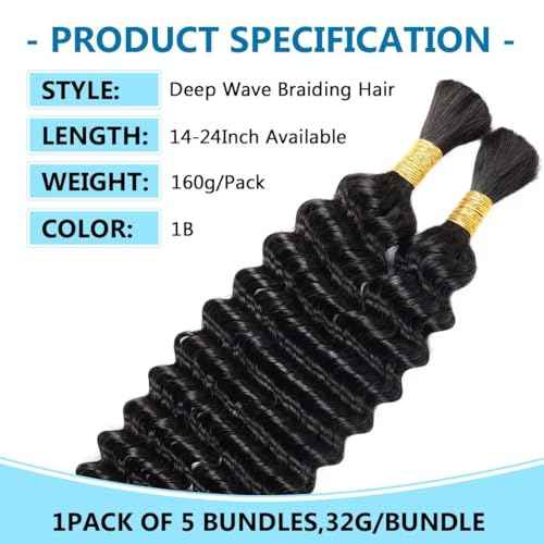 160g 5 Bundles 99j Red Burgundy Human Braiding Hair 16 Inch Deep Water Wave Bulk Human Hair for Braiding No Weft 12A Brazilian Virgin Curly Human Hair Extensions for Boho Braids