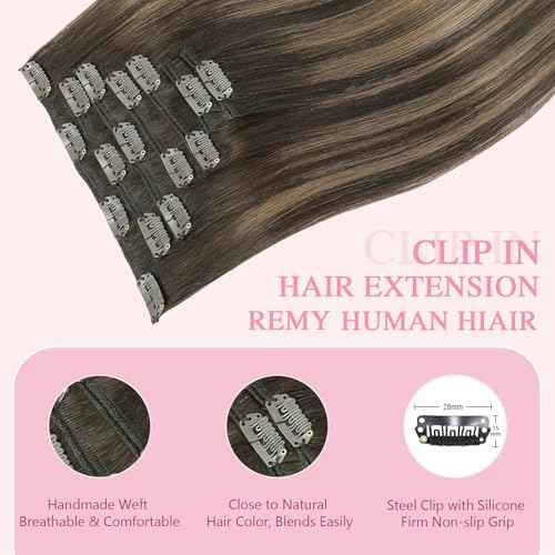 PINKPEARL Clip in Hair Extensions Human Hair Extensions, #2/6/2 Balayage Dark Brown to Chestnut Brown 120g 7pcs 20 Inch Real Human Hair Extensions Clip in Straight Remy Silky Weft(#2/6/2-20)
