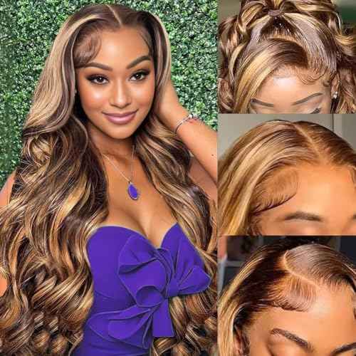 QNQZ Honey Blonde 13x6 Lace Front Wig Human Hair 30 Inch Loose Body Wave Highlight Ombre Glueless HD Lace Frontal Wigs for Women 4/27 Brown Ombre Human Hair Wig Pre Plucked 220 Density