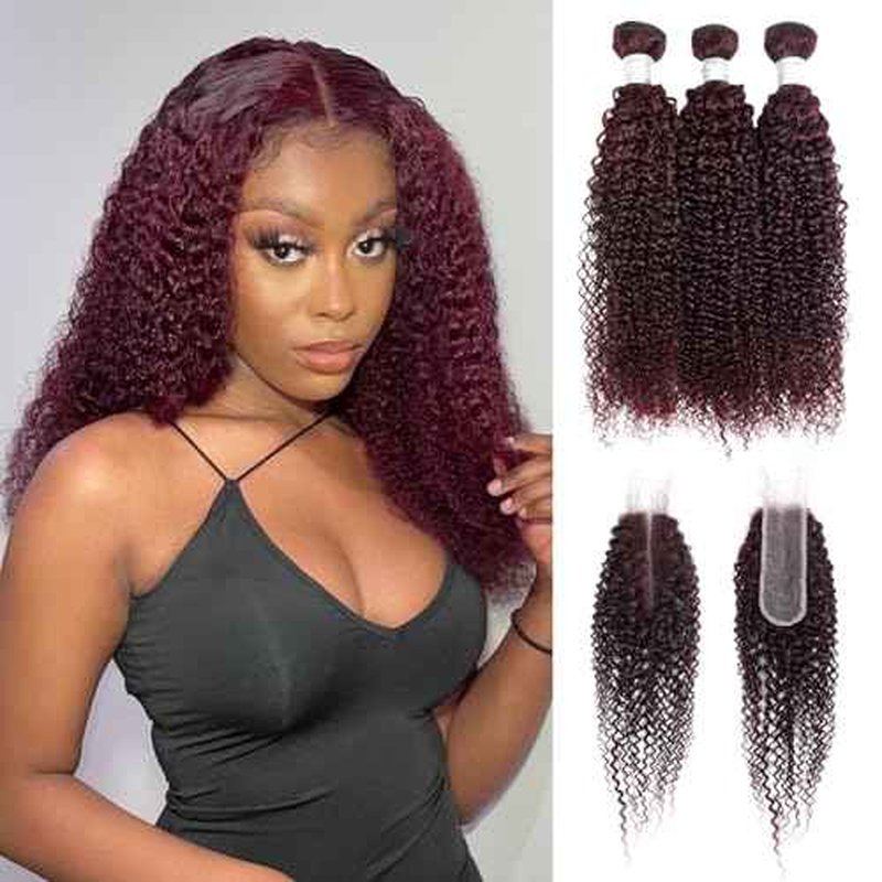 #99J Dark Burgundy Kinky Curly Human Hair Bundles with 2x6 Closure, 12A Remy Soft and Thick 3 Bundles with 2x6 HD Transparent Lace Closure Deep Part Colored Curly Wave Sew In 10 12 14+10 In