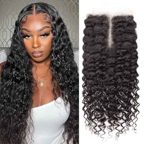 5x5 HD Lace Closure Curly Human Hair Closure Skinlike 0.1mm Invisible HD Lace Small Knots Closure Pre Plucked 12A Unprocessed Virgin Hair Deep Wave Human Hair Closures for Black Women 22 Inch