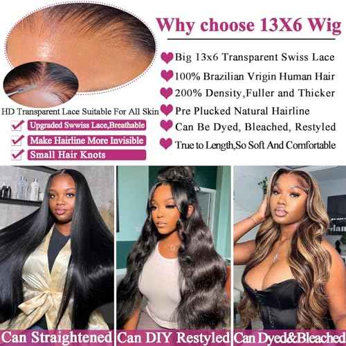 24Inch 13x6 HD Lace Front Wigs Human Hair 200% Density Body Wave Lace Front Wigs Human Hair Lace Front Wigs for Women Glueless Body Wave Wigs Human Hair Pre Plucked with Baby Hair Natural Black