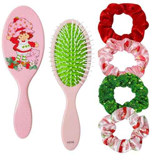 LUV HER Strawberry Shortcake Hair Accessory Set ? 5 Pieces: 1 Detangling 9-inch Hairbrush & 4 Scrunchies, Elastic Hair Ties, Ages 3+