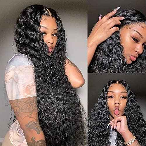 13x4 Deep Wave Human Hair Lace Front Wigs for Black Women Brazilian Virgin Human Hair Deep Curly Lace Front Wigs with Baby Hair Pre Plucked Bleached Knots Natural Color 180% Density 16 Inch