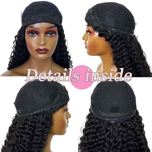 Curly Half Wig Human Hair 180% Density Deep Wave Glueless Wigs Upgrade 3 In 1 Wigs Beginner Friendly Seamless Flip Over Drawstring Curly Wig Ready to Go Headband Wig Natural Black Color 16 Inch