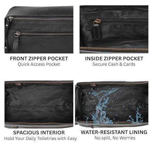 Genuine Leather Travel Toiletry Bag for Men & Women ? Unisex Water-Resistant Travel Dopp Kit, Shaving Organizer & Compact Bathroom Essentials - Midnight Black