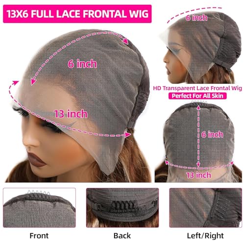200% Density Ombre Highlight 13X6 Tansparent Lace front Wig Human Hair HD Lace Frontal 4/27 Honey Blond Brown Highlights Wigs Pre Plucked with Baby Hair Glueless Highlighted Wigs