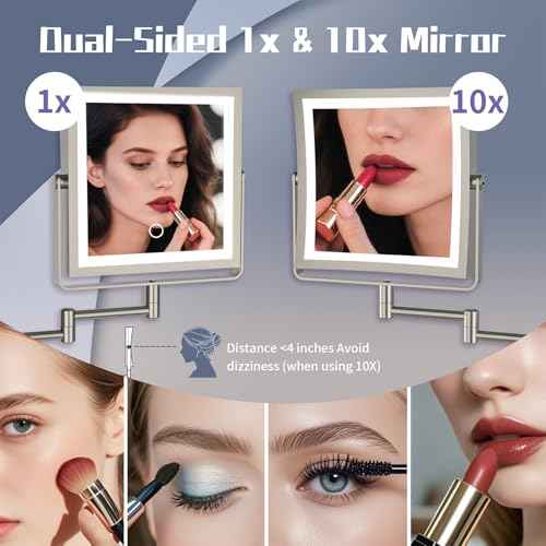 Wall Mounted Makeup Mirror with Lights 4000mAh Rechargeable Double Sided 1X/10X Magnifying Lighted Vanity Mirror with 3 Color Lights & Touch Dimmable 360¡Æ Rotation Extension Swing Arm for Bathroom