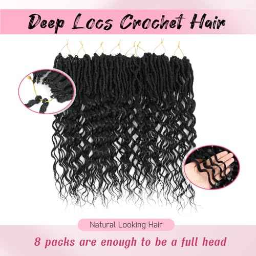 Deep Faux Locs Crochet Hair for Women Goddess Locs Crochet Hair Faux Locs with Curly Ends Boho Faux Pre Looped Deep Wavy Synthetic Hair Extension 18 Inch 8 Packs 1B#