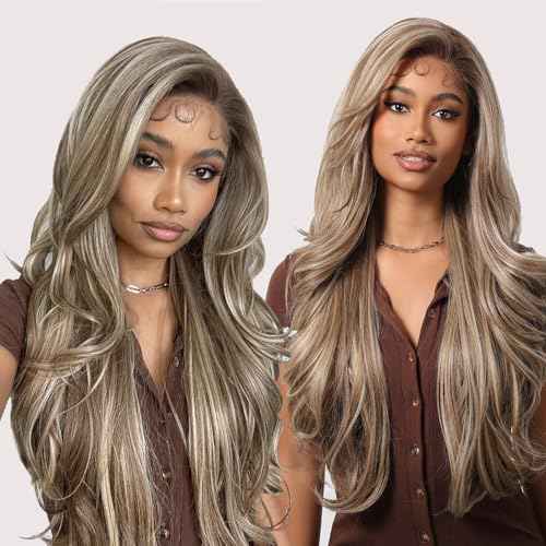 Allbell 13x6 HD Lace Wigs Honey Blonde Synthetic Lace Front Wig Preplucked Hairline with Baby Hair 28inch Long Body Wave Lace Wigs for Women(Brown with Blonde Highlights)