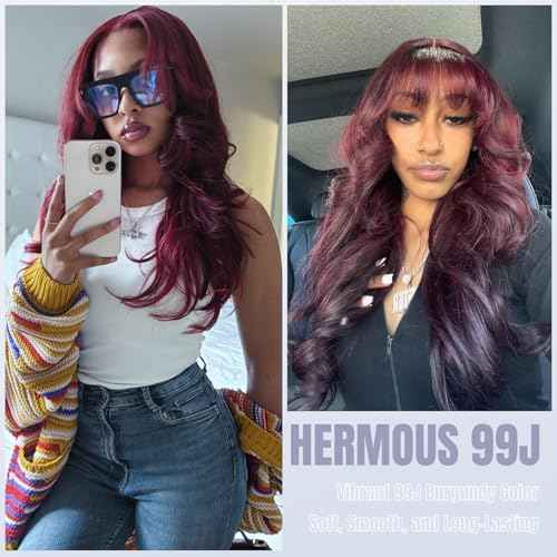 13A Double Drawn 99J Dark Burgundy 3 Bundles Body Wave Human Hair, Double Lifespan Than Regular Hair, Keep Silky And Soft After Washes Colored #99J Wine Cheery Red Bundles Raw Hair 12 14 16 IN