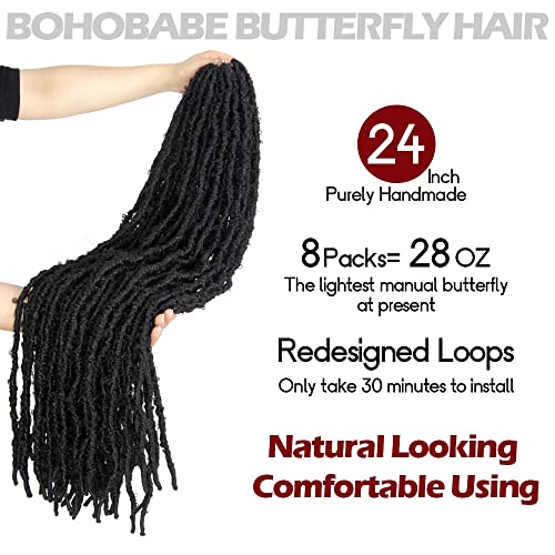 BOHOBABE 24 Inch Light Weight Butterfly Locs Crochet Hair 8 Packs Long Black Distressed Butterfly Faux Locs Crochet Hair, 1B