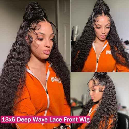 Deep Wave Lace Front Wigs Human Hair 200 Density 13x6 HD Lace Frontal Wigs Pre Plucked Curly Human Hair Wig Wet and Wavy Lace Front Wigs Glueless Wig For Women (20 Inch)