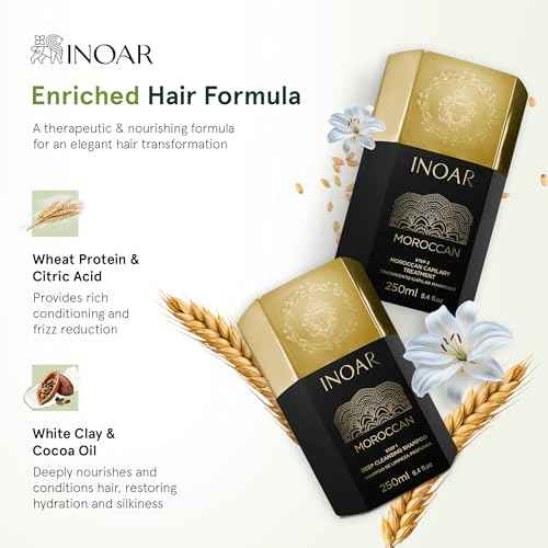 Inoar Moroccan Keratin Smoothing Treatment Set, Deep Cleansing Shampoo & Smoothing Treatment with White Clay & Cocoa Oil, 8.4 fl oz Each