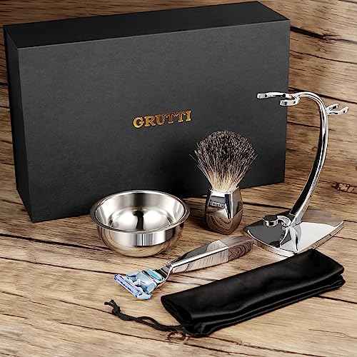 GRUTTI Shaving Kit for Men, 4 in 1 Shaving set Includes Badger Brush, Safety Mens Razor, Shaving Stand, Soap Bowl, Compatible with Fusion 5, Come with Gift Box for Boyfriend Husband Dad Fathers Day