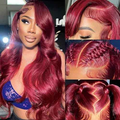 24Inch 99J Burgundy Lace Front Wigs Human Hair 13x6 Body Wave Glueless Wigs 180% Density Red Wig HD Transparent Wine Red Lace Front Wigs Human Hair