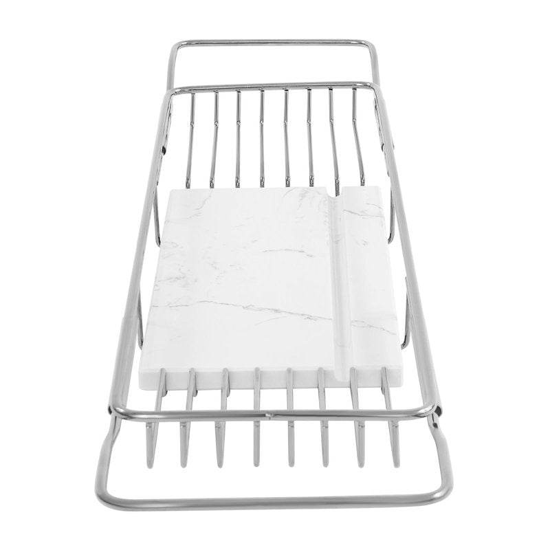 Bathtub Tray Caddy for Luxury Bath, Stainless Steel 26.8-35.4 in Expandable Extra Wide Bath Tub Tray with Natural Marble and Mobile/Tablet Stand, Ideal for Home Spa Lovers (Silver + White)