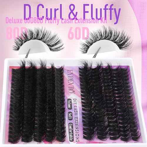 Eyelash Extension Kit Thick Lash Extension Kit D Curvature Lash Clusters Kit Volume Individual Lashes 200 Pcs DIY Lash Extension Kit with Lash Bond and Seal Lash Tweezers (60D80D,10-18mm) by EYDEVRO
