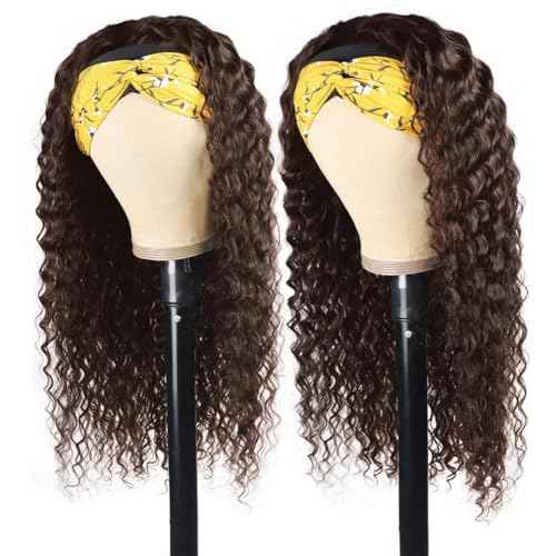 WENYAN Chocolate Brown Headband Wig Human Hair Deep Wave 18 Inch Curly Glueless Headband Wigs for Black Women None Lace Front Wigs Human Hair Brazilian Virgin Hair Wear and Go Wigs 150% Densitys