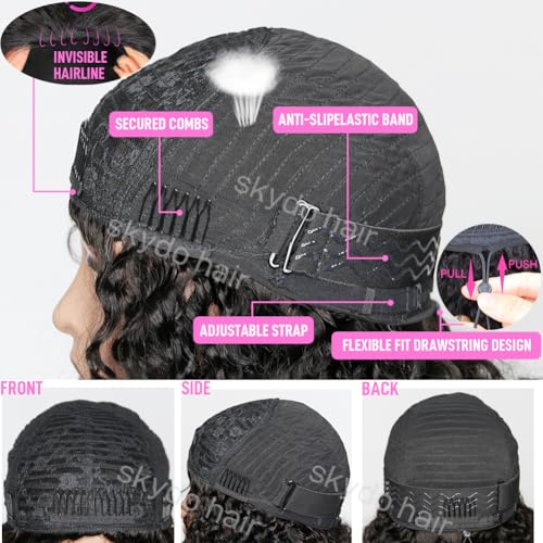SKYDO Kinky Curly Half Wig Human Hair 250 Density 16inch Wear and Go Glueless Wigs Human Hair 3 in 1 Half Wigs for Women Drawstring Seamless Flip Headband Wig Beginner Friendly