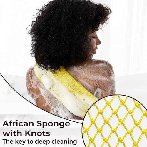 African Exfoliating Net Sponge Authentic - Real African Bath Sponge with Knots and Ropes - Back Scrubber Exfoliator Washer Cloth with Travel Bag - Body Shower Skin Care Essentials for Daily Use