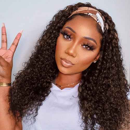 WENYAN Chocolate Brown Headband Wig Human Hair Deep Wave 18 Inch Curly Glueless Headband Wigs for Black Women None Lace Front Wigs Human Hair Brazilian Virgin Hair Wear and Go Wigs 150% Densitys