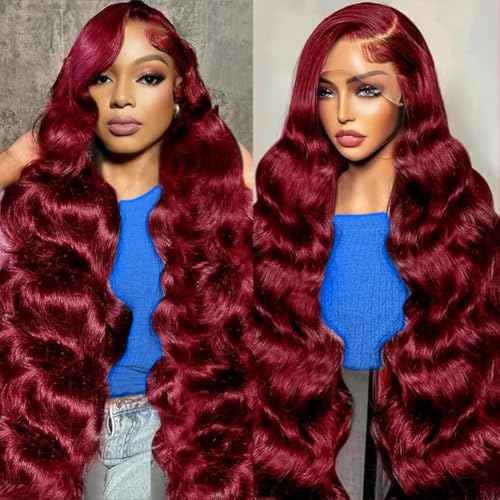 Body Wave 99j Burgundy 13x4 Lace Front Wig Human Hair 180% Density Glueless Burgundy Red Wigs Human Hair 99j Body Wave Wigs for Women 24 Inch