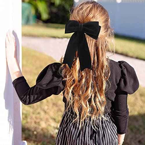 4PCS Velvet Hair Bows for Girls, Black Hair Bow Clips Ponytail Long Ribbon Bows Hair Accessories for Women Girls Toddlers Infant (Black)