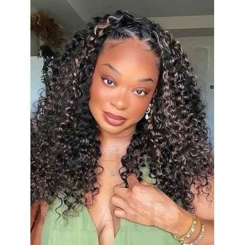 V SHOW Wear Go Glueless Half Wig Human Hair 1B/30 Highlight Water Wave 3 In 1 Curly Half Wigs 180% Density Drawstring Seamless Fit Strap Flip Over Headband Wig 16 Inch Beginner Friendly