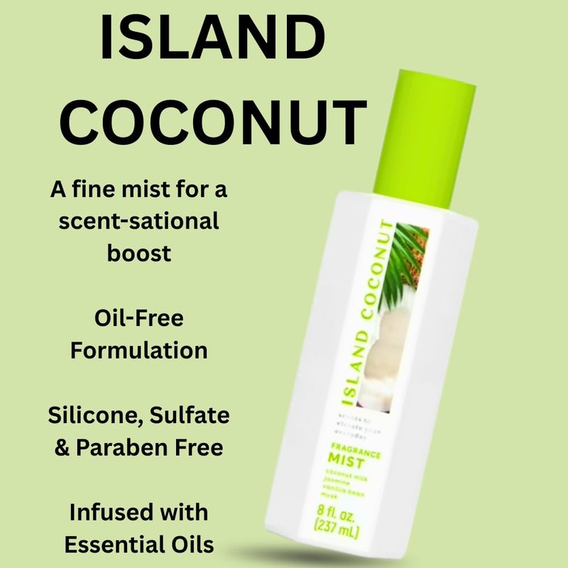 Coconut Body Mist Spray - Tropical Island Scent | Refreshing Daily Fragrance, 8 fl oz, Paraben-Free, Sulfate-Free