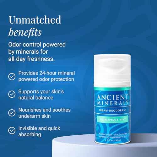 Ancient Minerals Natural Deodorant Cream ? Eucalyptus & Mint Scent, Aluminum-Free, Vegan Deodorant for Women and Men with Magnesium, Zinc & Vitamin E, for Sensitive Skin, 2 oz