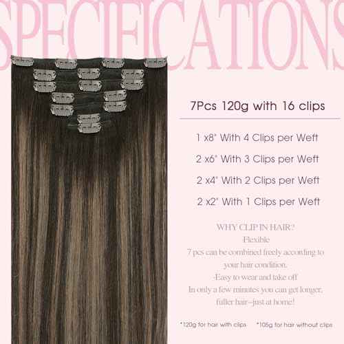 PINKPEARL Clip in Hair Extensions Human Hair Extensions, #2/6/2 Balayage Dark Brown to Chestnut Brown 120g 7pcs 20 Inch Real Human Hair Extensions Clip in Straight Remy Silky Weft(#2/6/2-20)