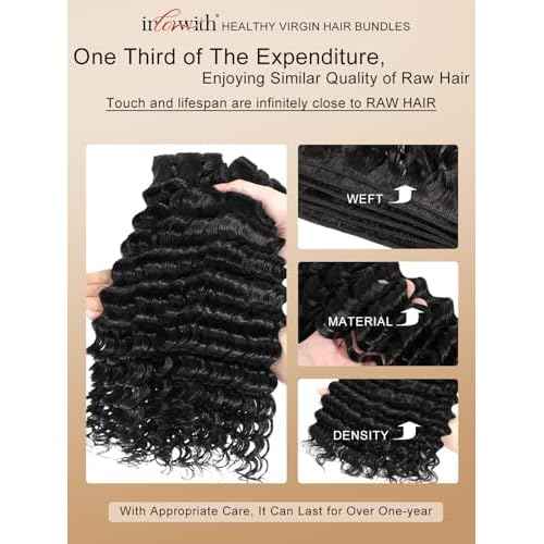 inlovwith Deep Wave Bundles Human Hair, Selected Healthy Curly Human Hair Bundles 100% Unprocessed Brazilian Virgin Hair Wet and Wavy (Single Bundle, 30 Inches)