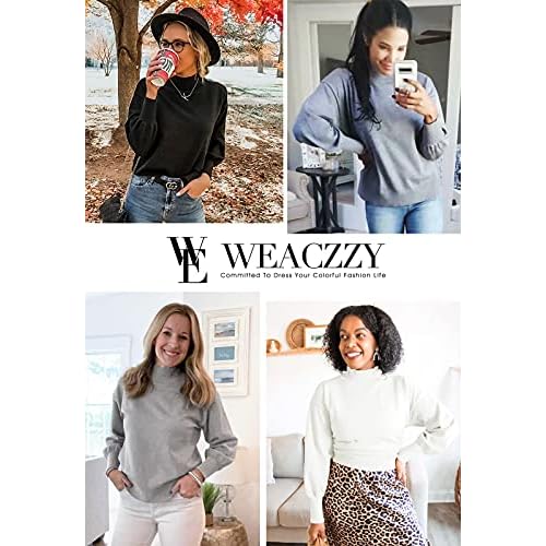 WEACZZY Women's 2025 Fall Fashion Casual Sweaters Mock Neck Long Lantern Sleeve Lightweight Knit Pullover Sweater Tops