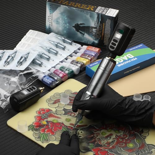 PFARRER Tattoo Gun Kit Wireless Tattoo Pen Machine with 2 Tattoo Batteries, 20 Tattoo Cartridge Needles,10 Tattoo Ink Color Set, Complete Tattoo Accessories EKP650-7