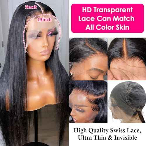 Subella 12A HD Lace Front Wigs Human Hair Pre Plucked Hairline with Baby Hair 180 Density 13x5 Brazilian Straight Human Hair Wigs for Black Women Natural Black Color (14inch)