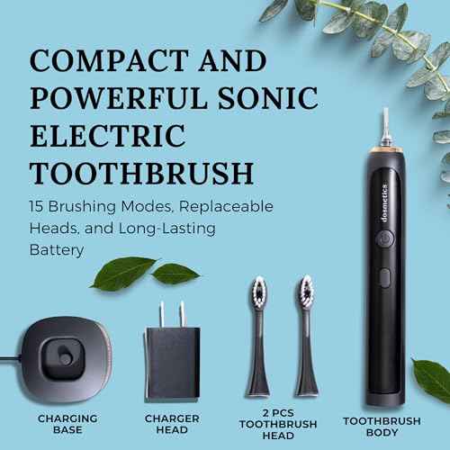 Electric Toothbrush for Adults, Sonic Toothbrush with Replaceable Heads and 15 Brushing Modes, Rechargeable Waterproof Toothbrushes for Plaque Removal with Charging Base and Travel Cap