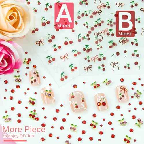 2 Sheets Cherry Nail Stickers +40 Pcs Cute Red & Pink Cherry Golden Alloy Charms + 2 Sizes Red Small Rhinestones Gems 3D Fruit Y2K Nail Art Decals DIY Design for Nails Face Eyes Makeup Crafts