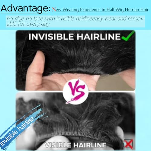 Kinky Curly Half Wig Human Hair Drawstring Seamless Flip Over Half Curly Wig Human Hair Invisible Hairline Glueless Wear and Go Wigs For Black Women Beginner Friendly 18Inch 200% Density