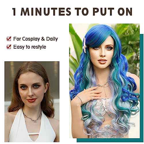 7JHH WIGS Long Wavy Costume Wigs Cosplay Mermaid wig for Women Halloween Party Used High Temperature Heat Resistant Fiber Natural Hairline Cos I Love Lucy Wig (28in, Blue Purple Mermaid Ombre Wig)
