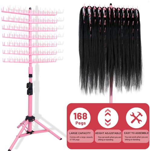Height Adjustable Braiding Hair Rack 168 pegs, Dual-use Braid rack with Clamp (Pink)